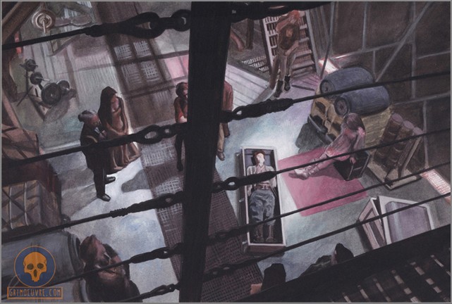 Inside view of a spaceship, the crew is standing around a container which has a body of a soldier as their delivery package.