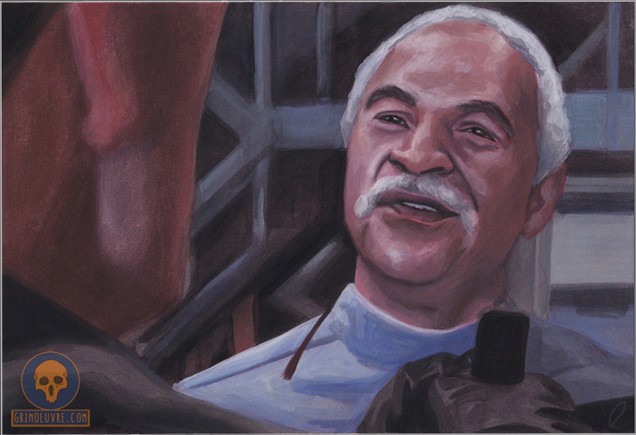 Closeup of a man of god in front of a gunman and tying to talking him down.